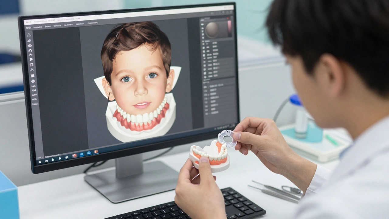 Zubní technička studuje digitální sken dětské čelisti při výrobě malého ortodontického zařízení.