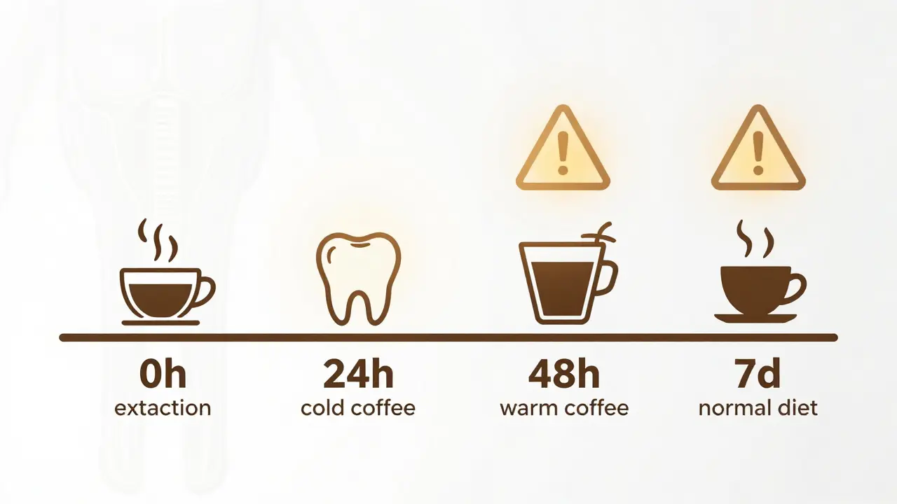 Časová osa hojení po extrakci zubu s klíčovými body pro pití kávy.