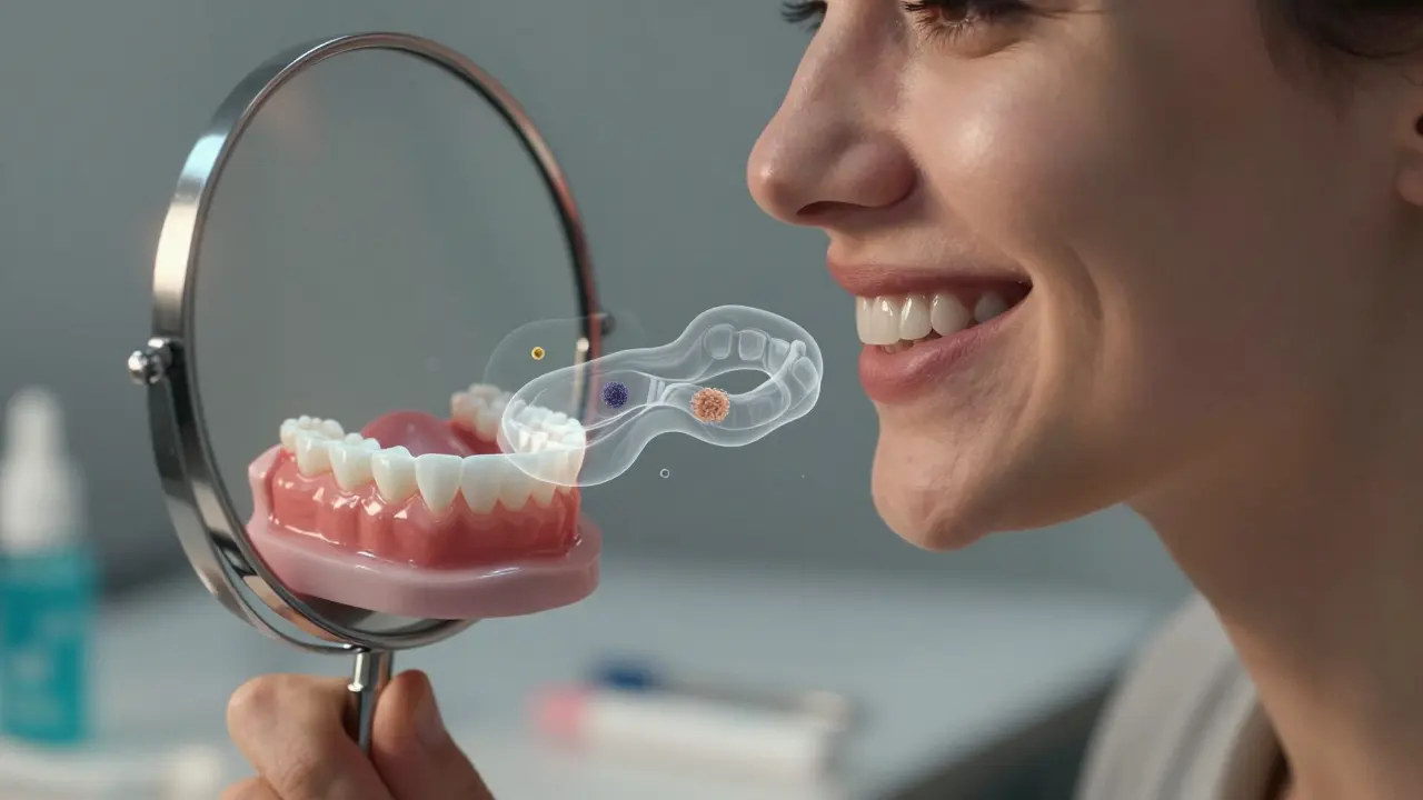 Člověk se usmívá do zrcadla s dočasnými zuby, pod nimi viditelné bakterie.