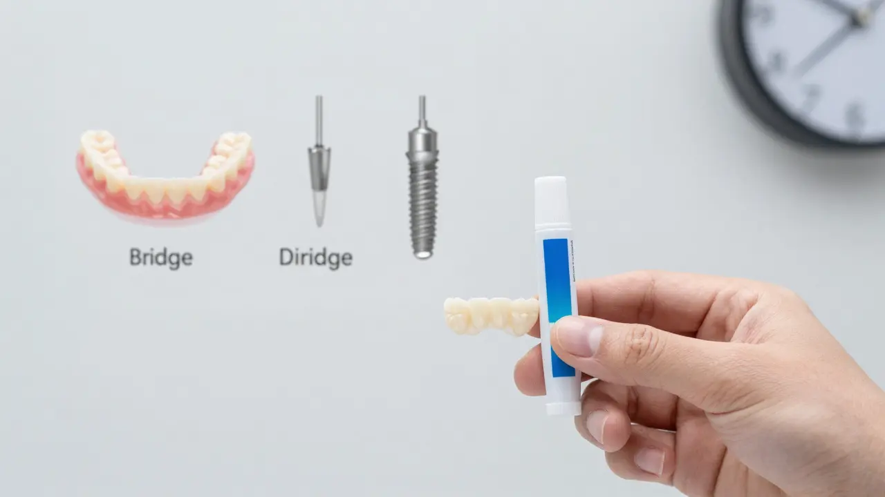 Dočasné zuby vedle lepidla a tří možností trvalého řešení zubního problému.