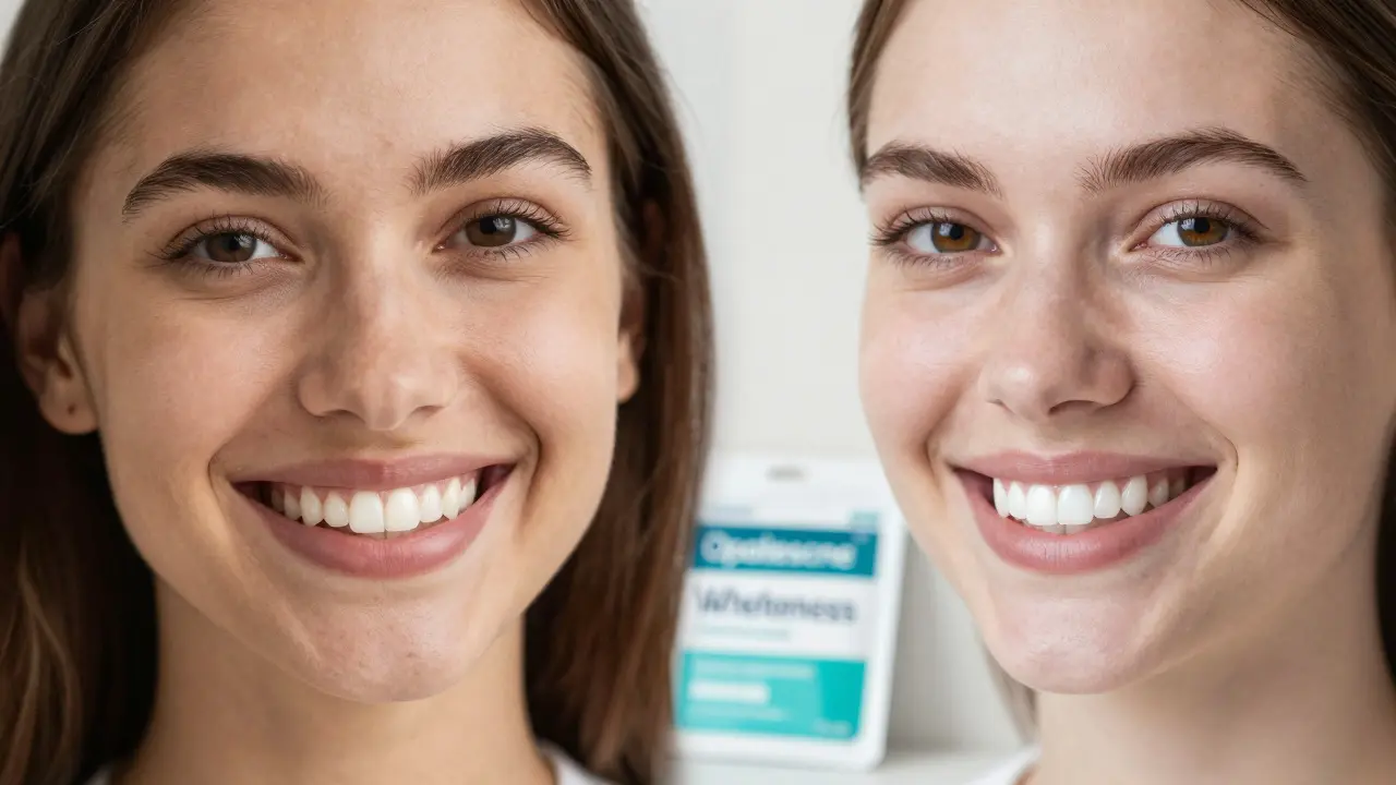 Dva vedle sebe stojící úsměvy: jedny zuby před a po domácím bělení.