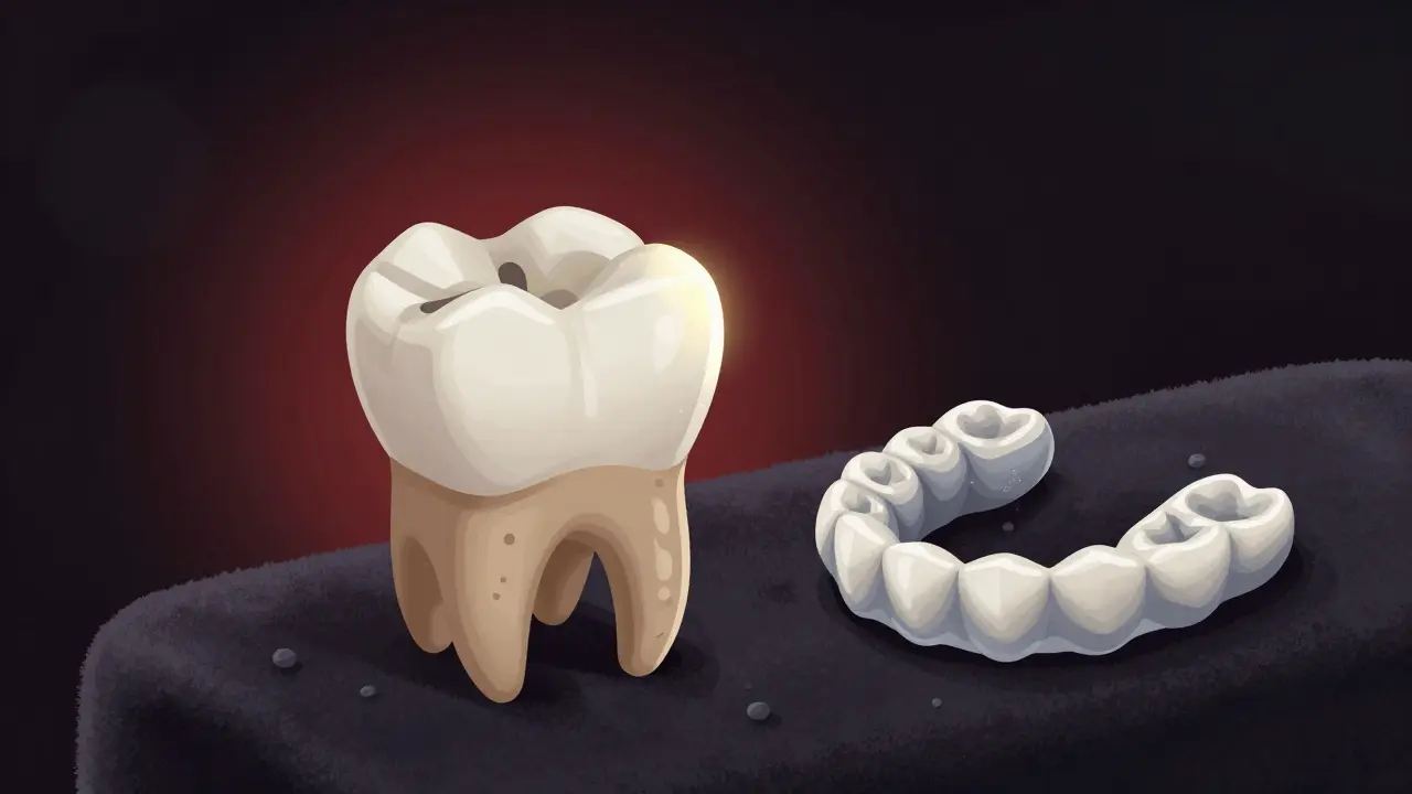 Fazeta se mírně odlepila a pod ní jsou bakterie.