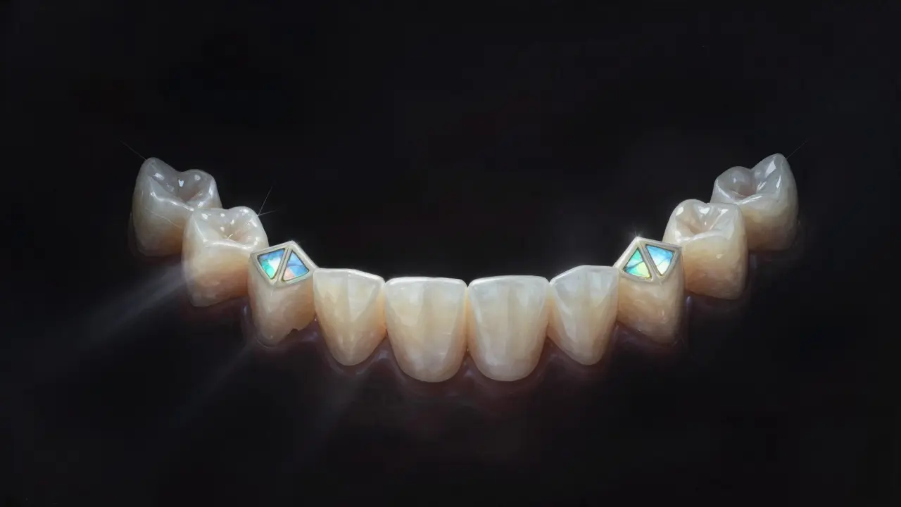 Floating ceramic veneers above natural teeth, showing light passing through them.