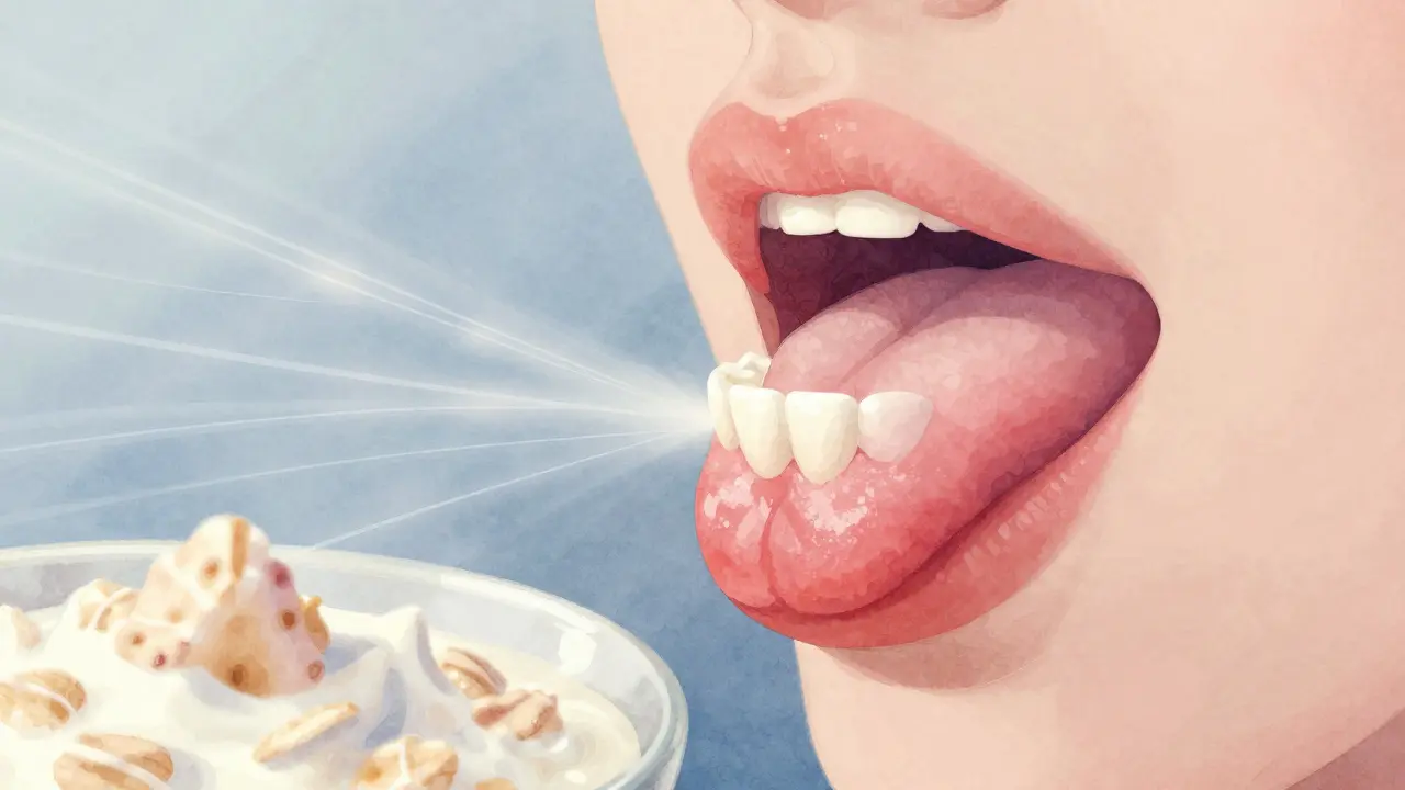 Jazyk se dotýká tenkých zubních fazet, abstraktní světelné čáry symbolizují přizpůsobení.