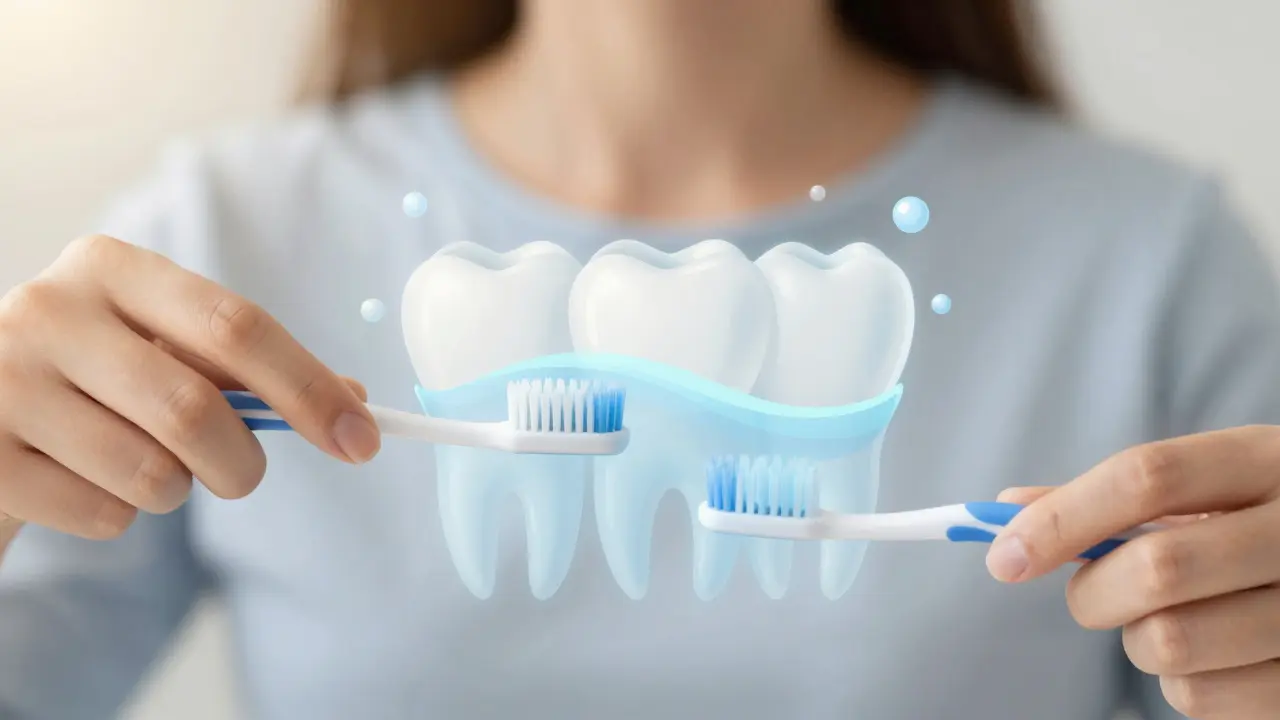 Jemné čištění zubů měkkým kartáčkem s ochranným efektem fluoridu.