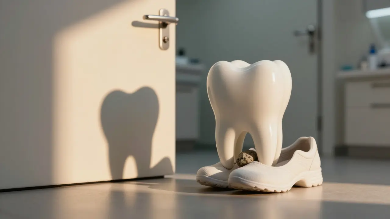 Kámen v botě jako metafora příliš vysoké zubní plomby.