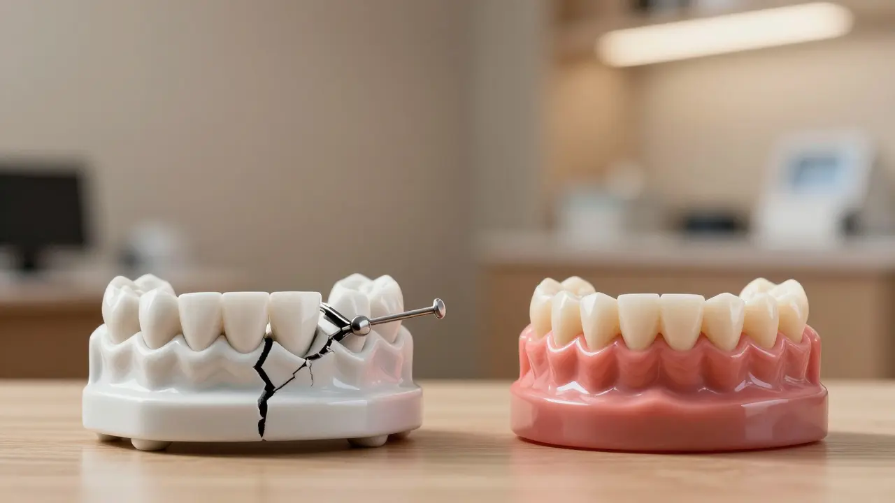 Koncepční obrázek vyváženého stisku zubů: jedna strana poškozená, druhá harmonická.