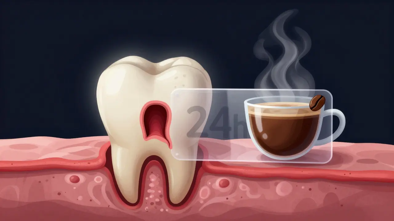Krevní sraženina v jamce je chráněna před horkou kávou a kofeinem.