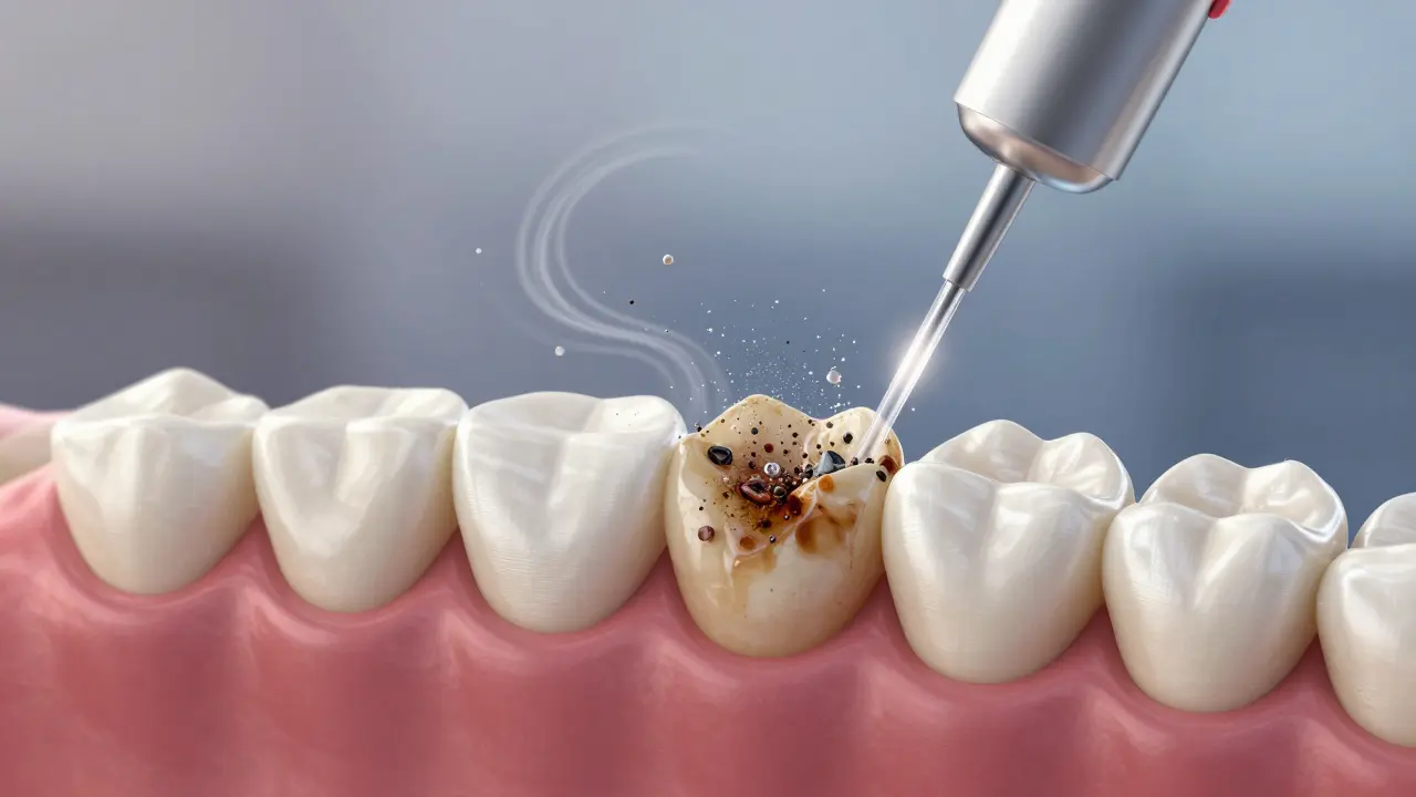 Mikroskopický pohled na odstraňování skvrn a biofilmu z povrchu zubů jemnými částicemi.