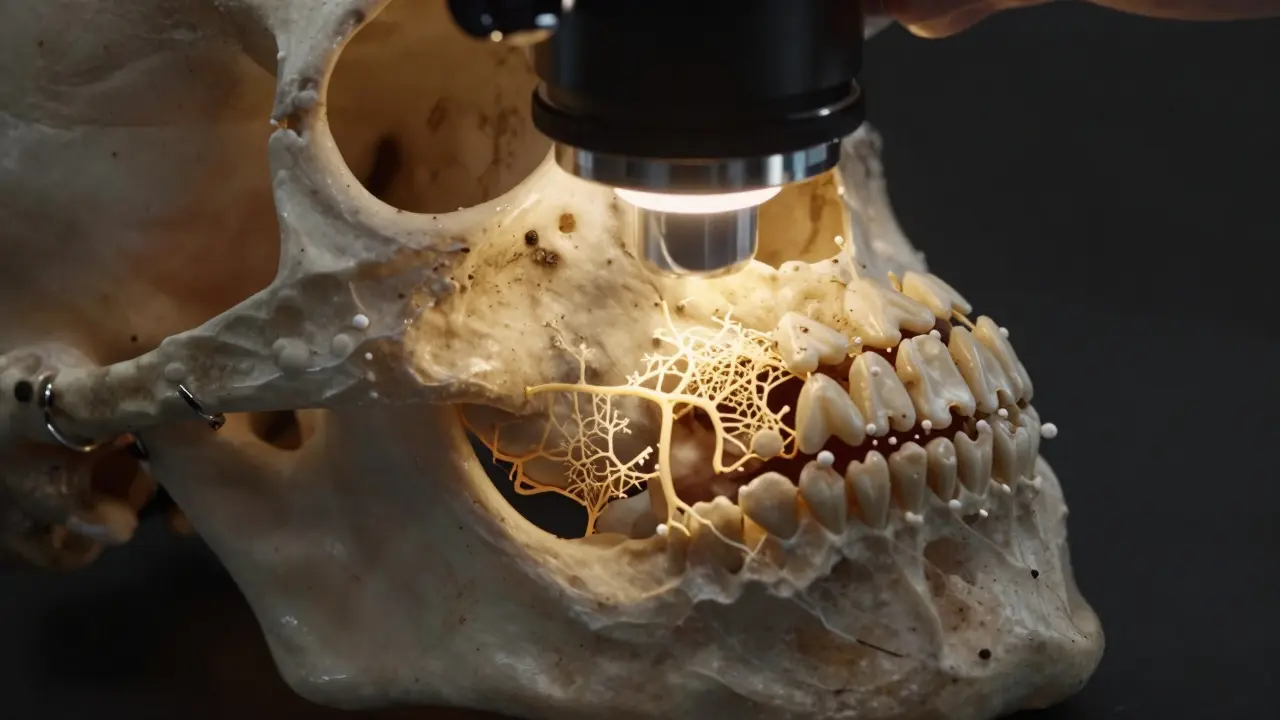 Mikroskopický pohled na tvorbu nové kosti v místě extrakce zubu.