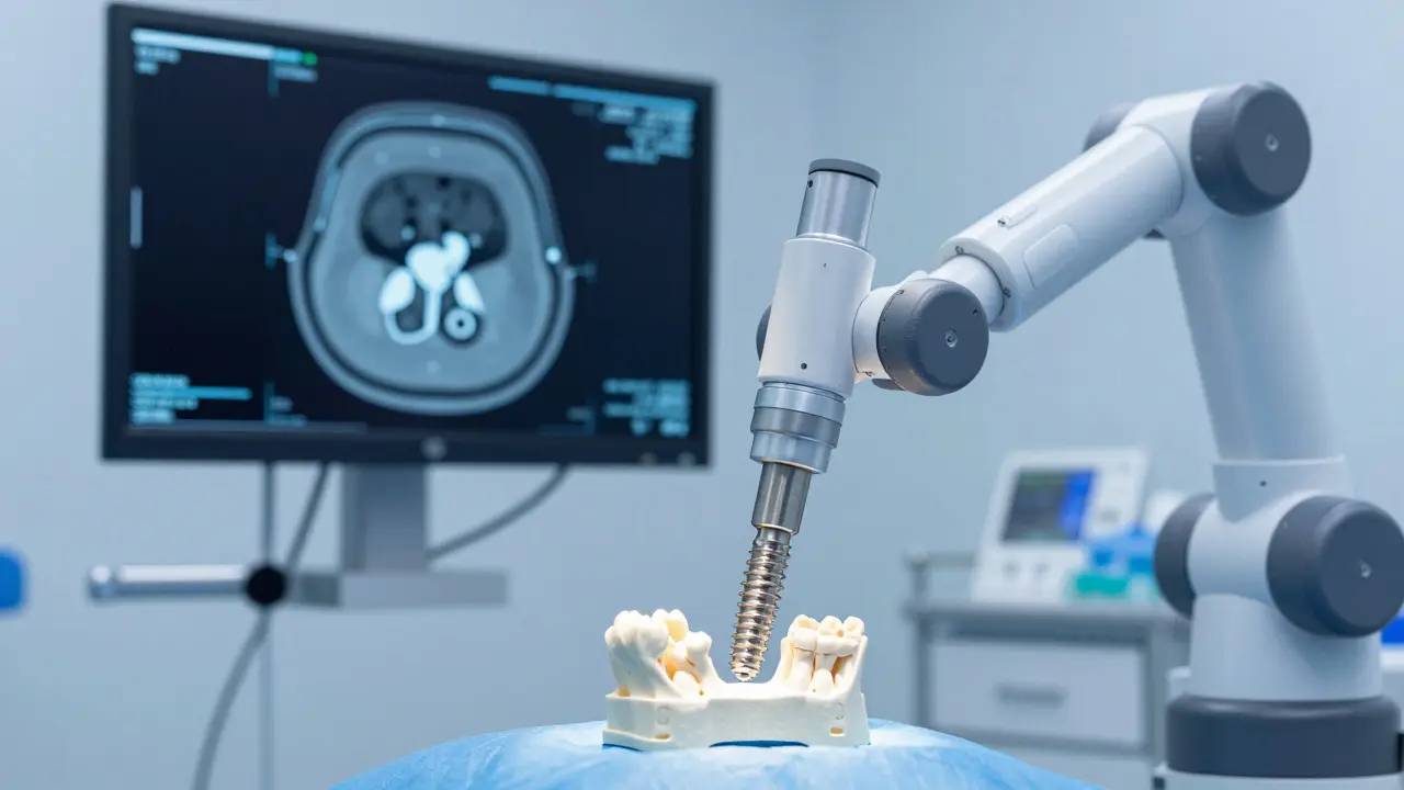 Moderní robotická implantace zubního implantátu s 3D navigací v klinice.