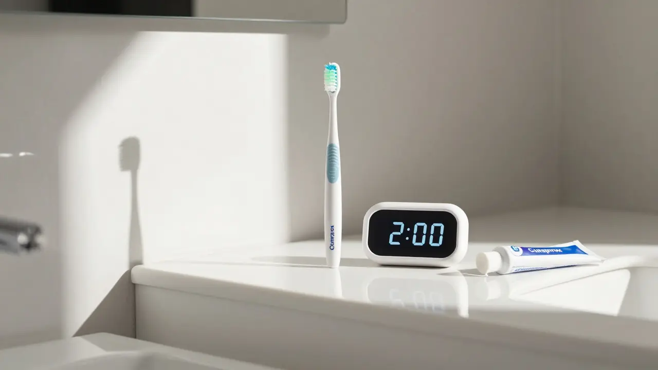 Oscilační kartáček na stole vedle časovače — symbol pravidelné ústní hygieny.