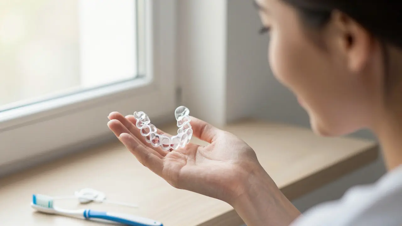 Pacient drží první sadu Invisalign alignerů s nadějí na nový úsměv.