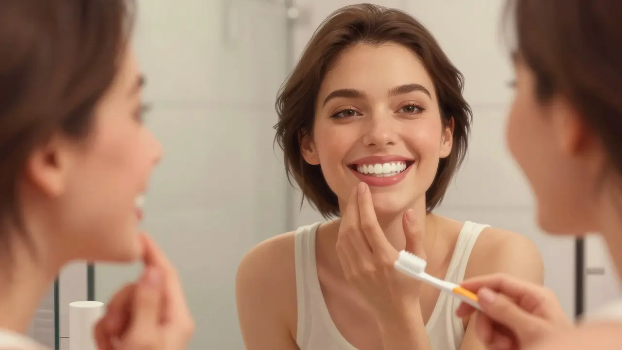 Person smiling in front of a mirror with bright, even teeth after getting veneers.