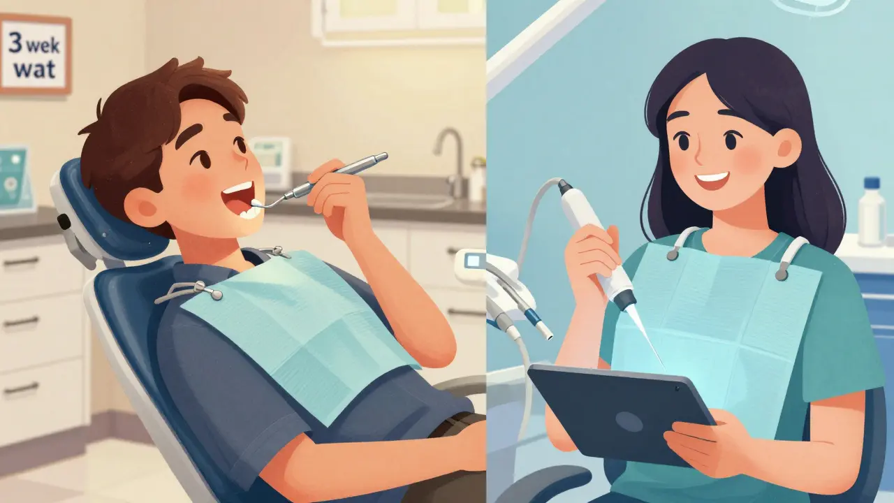 Porovnání veřejné a soukromé zubní ordinace: čekání vs. rychlá moderní léčba.