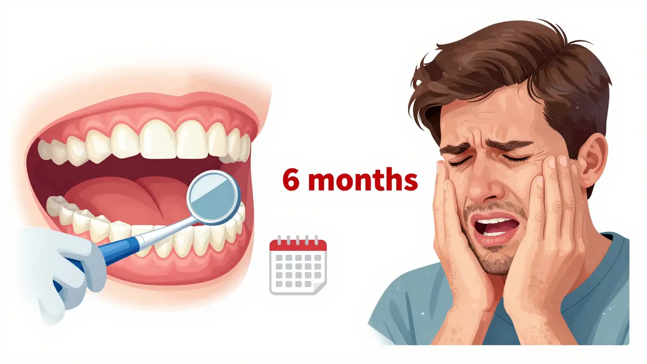 Porovnání zdravého a poškozeného ústního stavu po šesti měsících bez hygieny, s výrazným zubním kamenem a krvácením dásní.