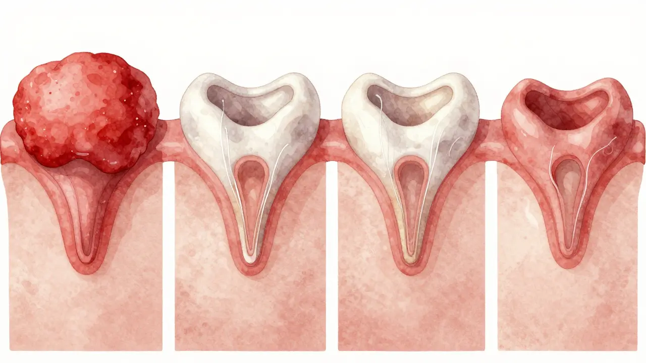 Postupné hojení dásně od červené sraženiny k bílé nové tkáni.