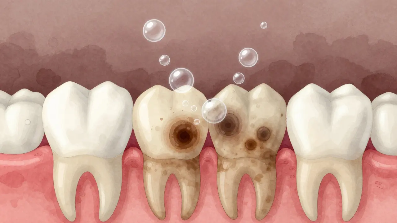 Přehled vnitřní struktury zubu s kyslíkem odstraňujícím skvrny z emalí.
