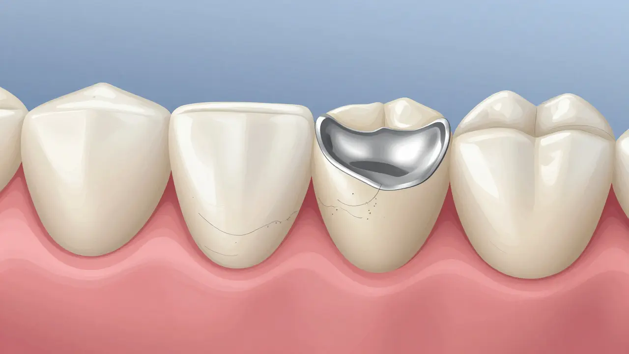 Přesný řez zubním mostem ukazující rozdíl v rozložení tlaku před a po úpravě.