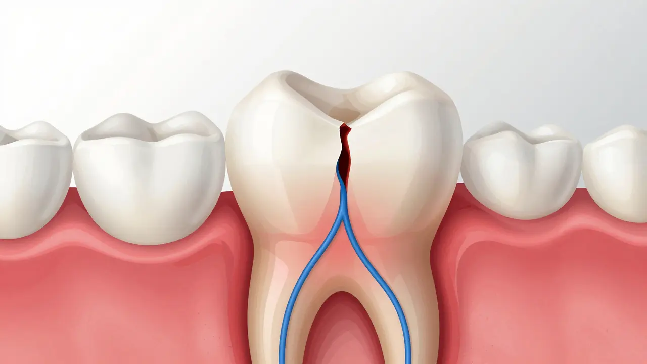 Příčinný výřez zubu s příliš vysokou plombou tlačící na zubní nerv.
