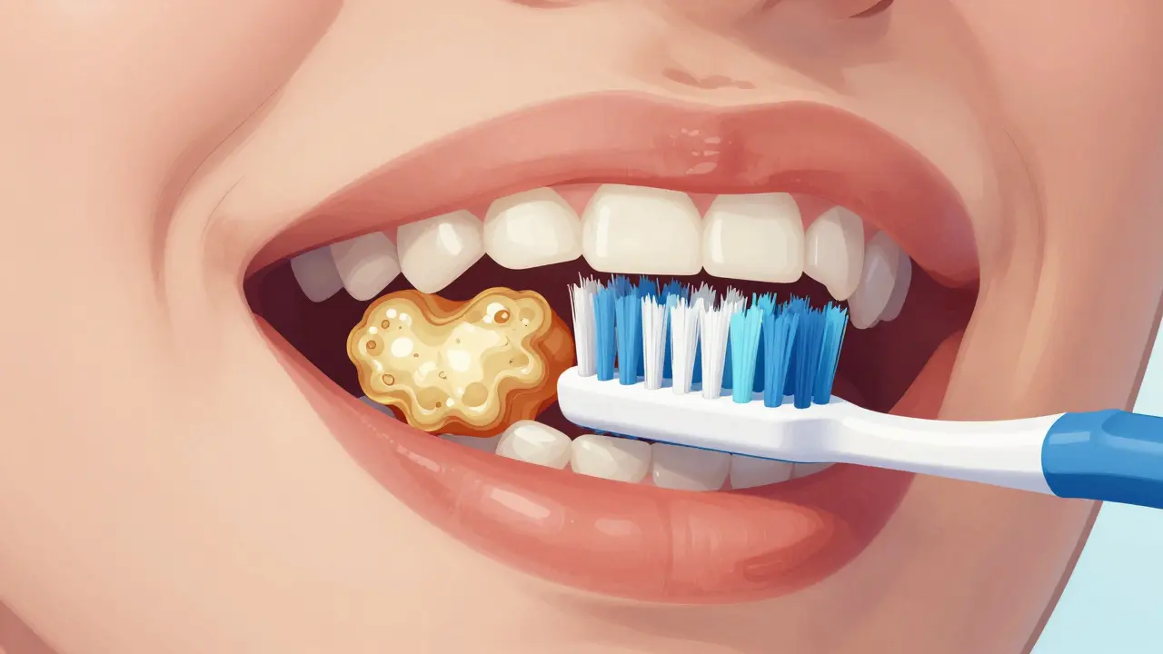 Průřez úst ukazující rozdíl mezi odstraňováním plaku oscilačním a ručním kartáčkem.