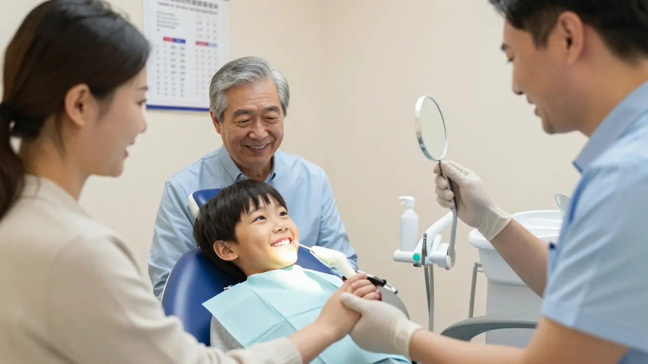 Rodina v zubní klinice — dítě a starší pacient po pískování se usmívají do zrcadla.