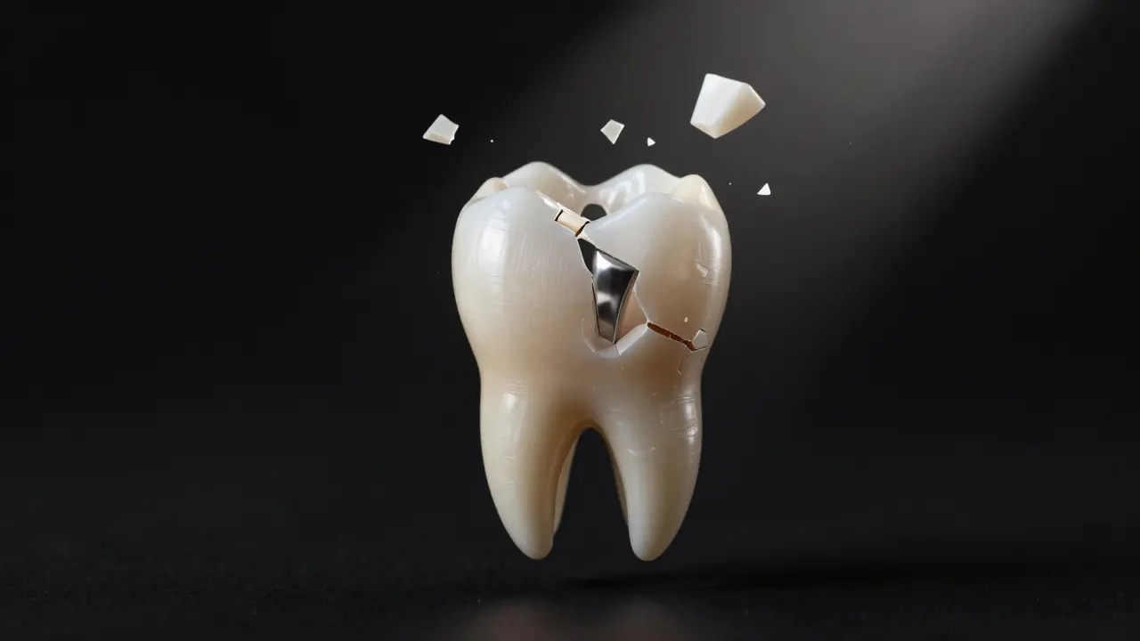Rozbitá zubní korunka s keramickými fragmenty visícími ve vzduchu kolem zubu.
