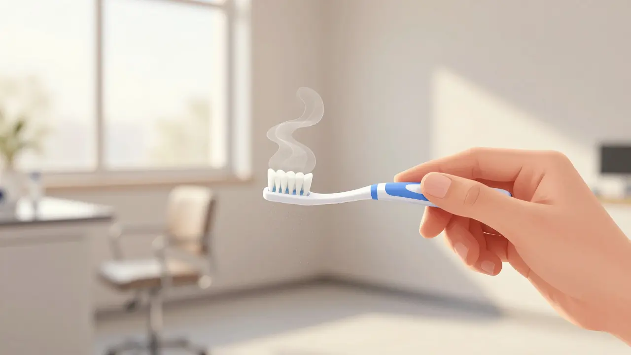 Ruka provádí jemný pohyb mezizubním kartáčkem mezi zuby.