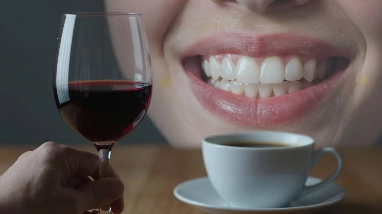 Sklenice červeného vína a káva vedle úsměvu s fazetami.