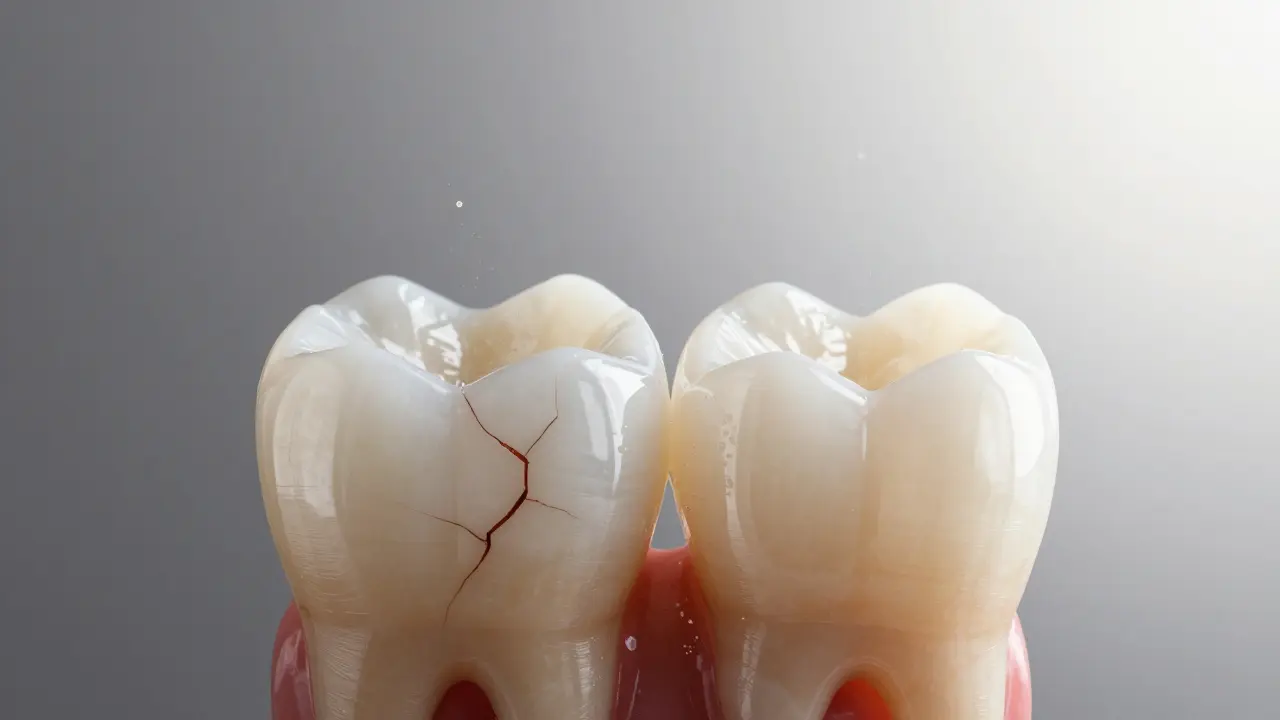 Split image showing a damaged tooth transformed by a porcelain veneer.