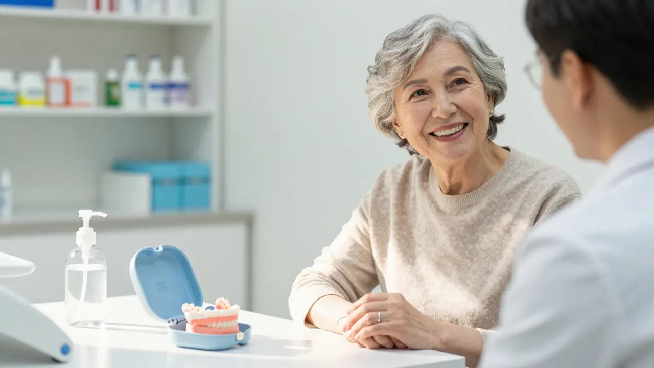 Starší pacient mluví s dentistou v klinice, zuby jsou v bezpečném kontejneru na stole.