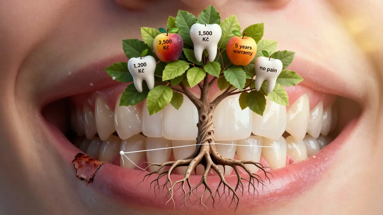 Strom rostoucí z čelisti s plody označenými ceny a výhodami pravidelné zubní péče.