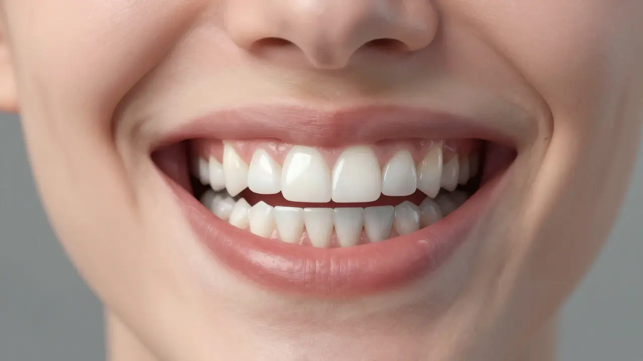 Úsměv s jednou polovinou bělících zubů a druhou polovinou tmavých náhrad.