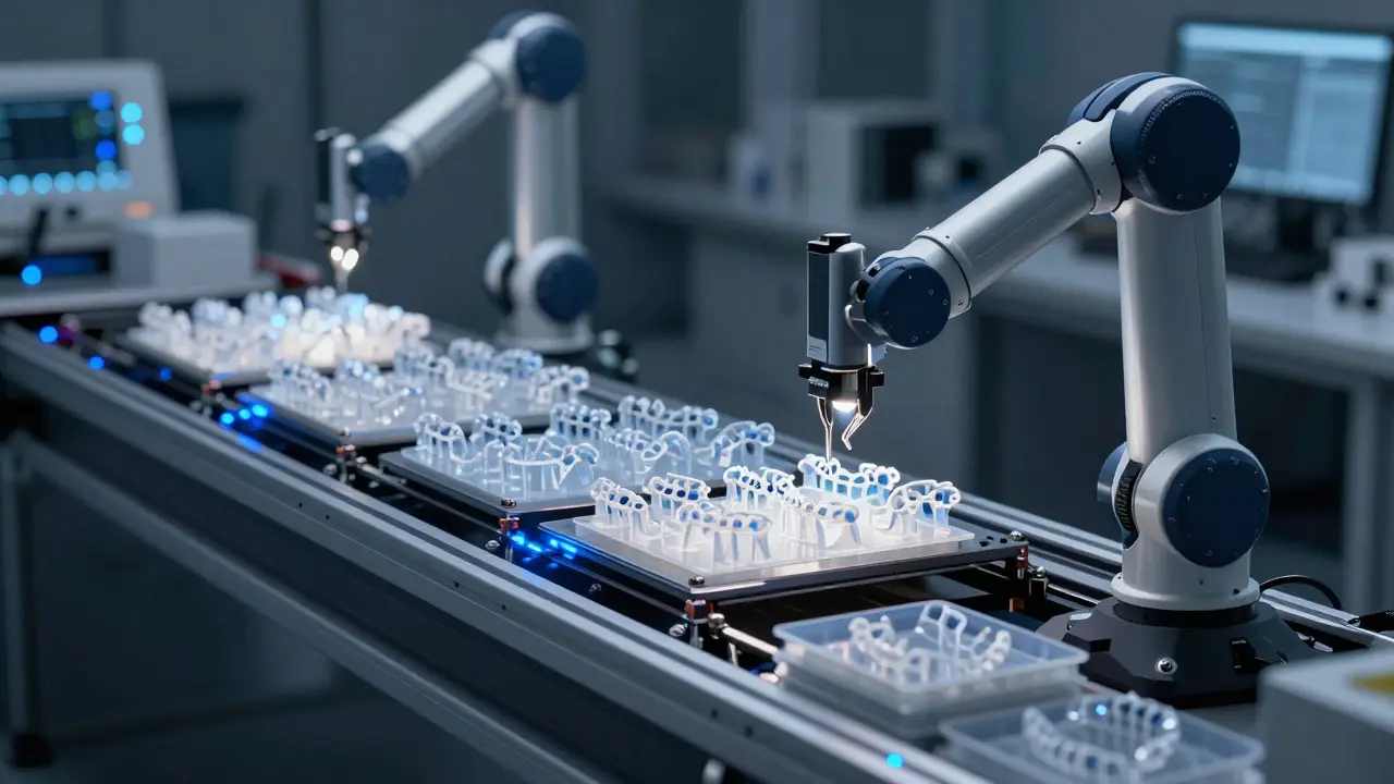 Výrobní linka tiskne individuální Invisalign alignery z termoplastického materiálu.