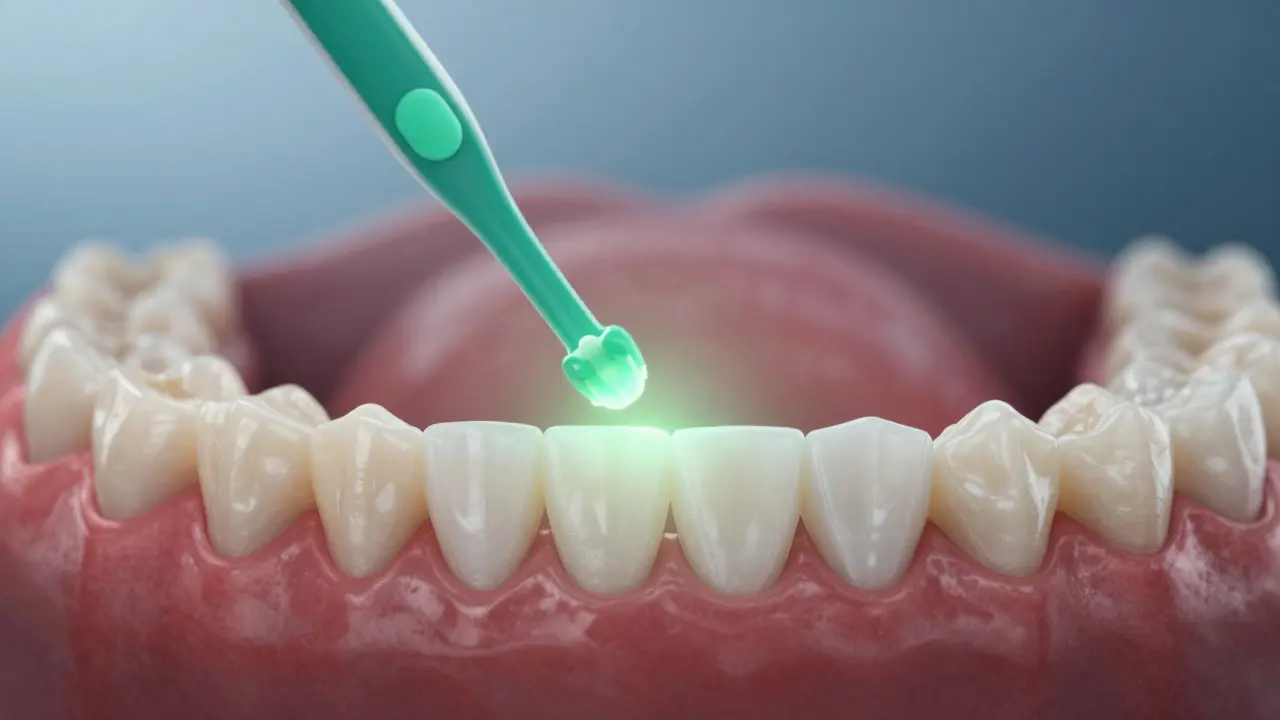 Zdravé dásně s viditelným zářivým okruhem kolem mezizubních prostorů.