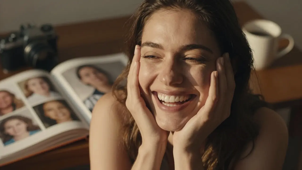 Žena se směje v přírodním světle, její nový úsměv je přirozený a jistý.