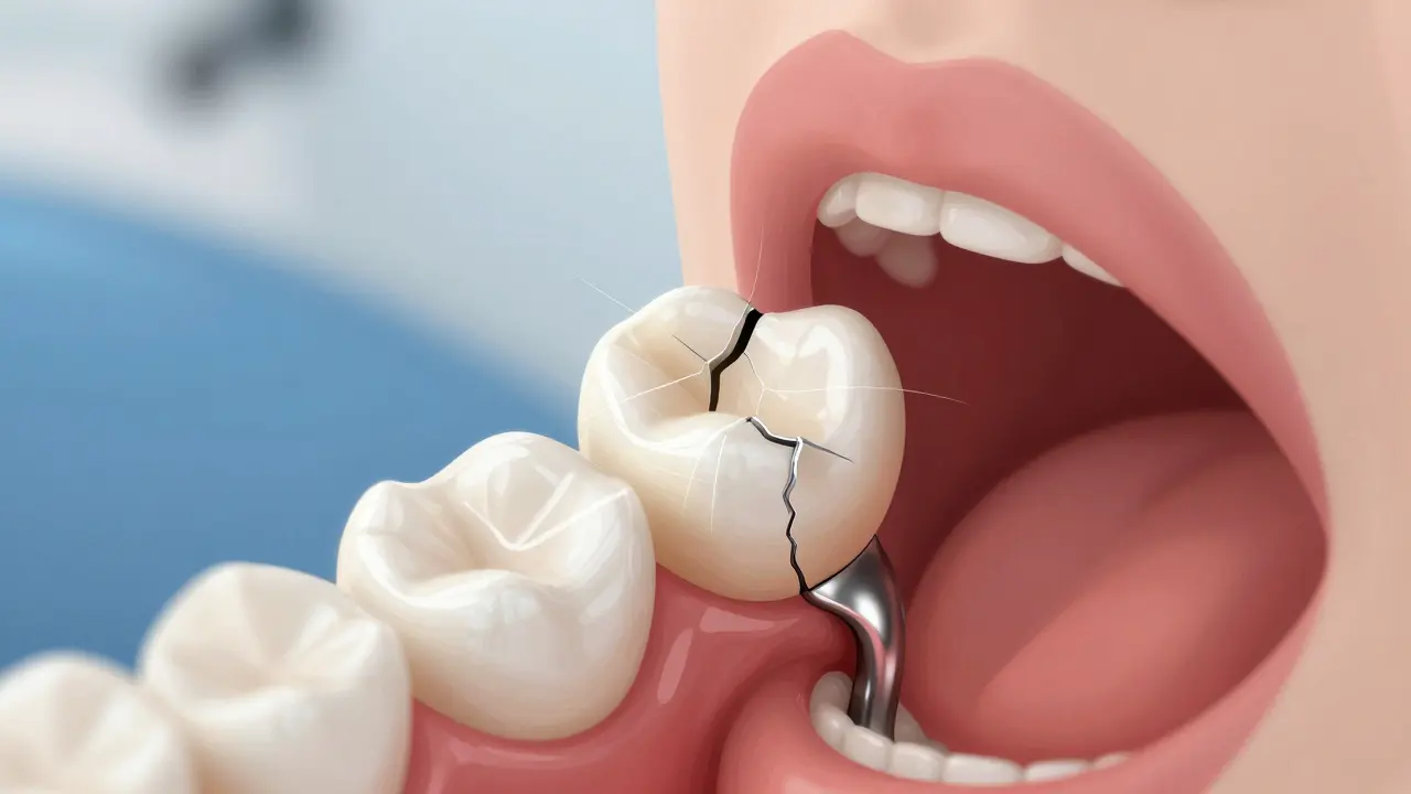 Zubní korunka s viditelnou trhlinou na žvýkací ploše v ústech pacienta.