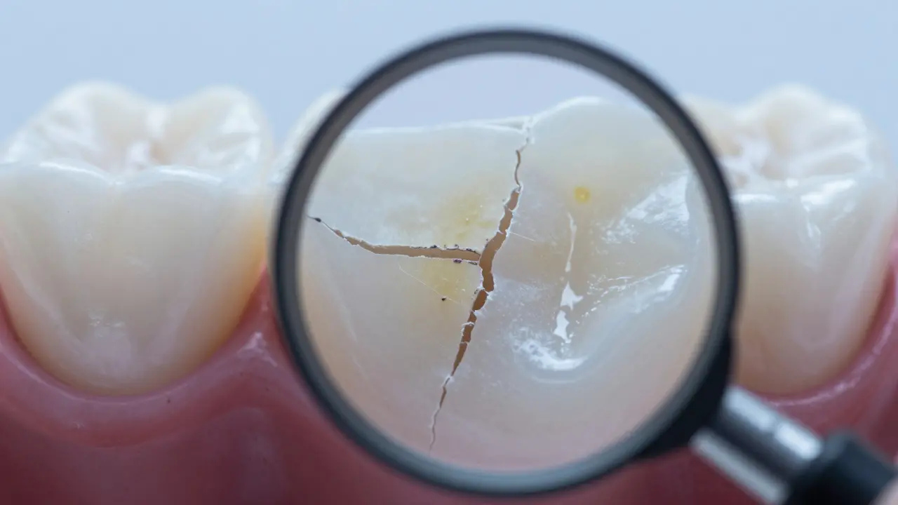 Zvětšený pohled na poškozenou sklovinku zubu s mikrotrhlinami způsobenými příliš dlouhým používáním bělících pásek.