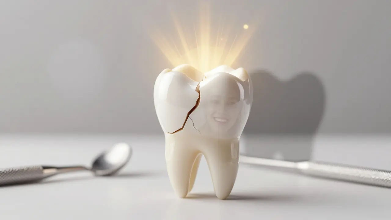 A cracked tooth restored with a ceramic crown, glowing with protective light.