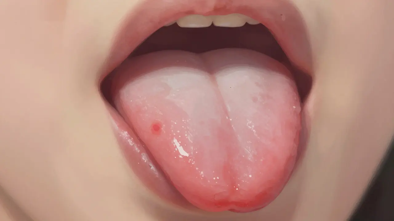Bílá a červená skvrna na jazyku, naznačující předzvěst rakoviny ústní dutiny.