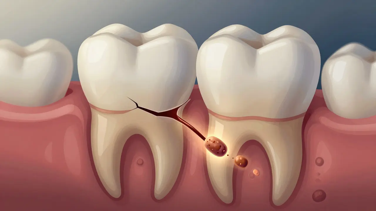 Cross-section of a tooth showing a crack extending into dentin with bacteria entering the canal.
