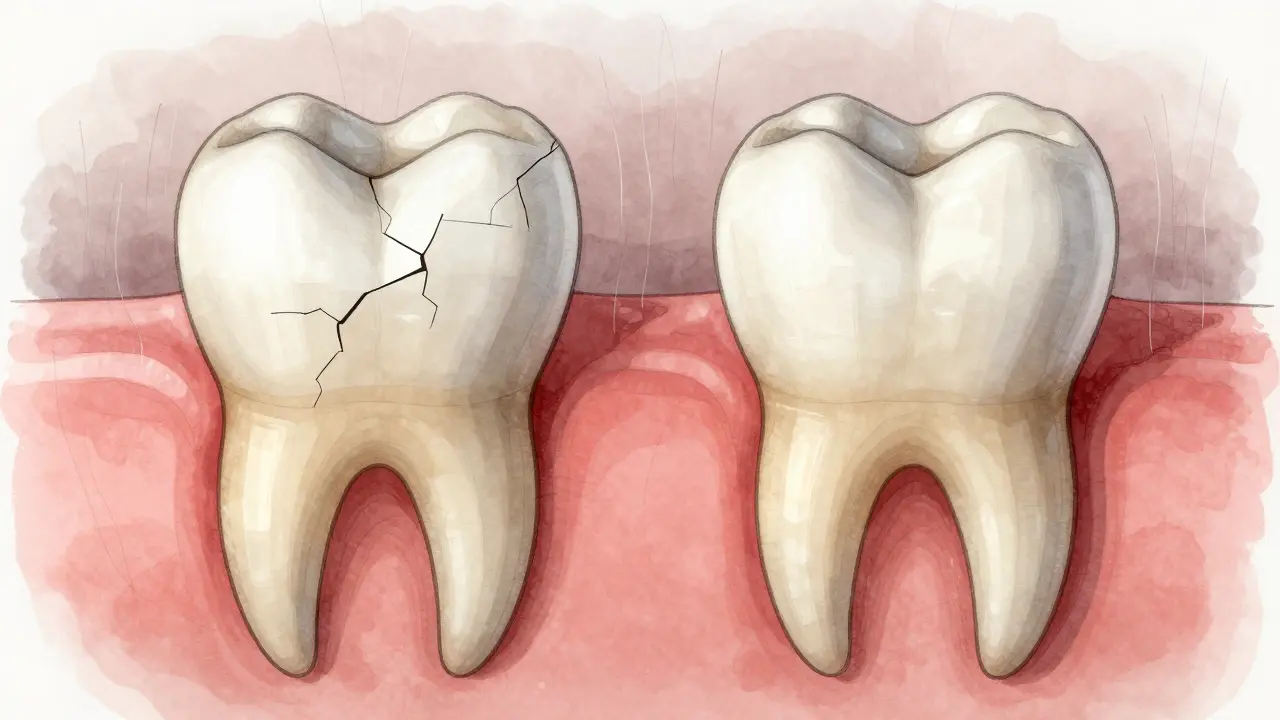 Dva zuby v průřezu: jeden s nerovnoměrným kontaktou a trhlinami, druhý s vyváženou fazetou.
