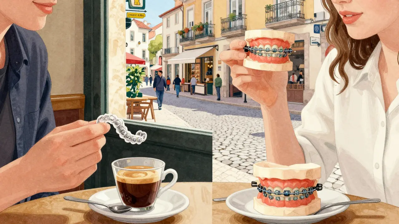 Dvojité zobrazení: člověk s transparentními rovnátky a s klasickými drátky během jídla v evropské kavárně.