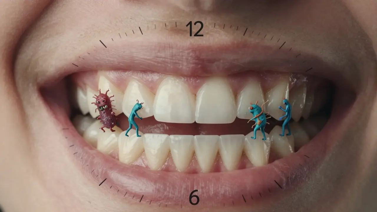 Hodiny na čelisti ukazující vývoj zubního plaku od filmu až po kámen.