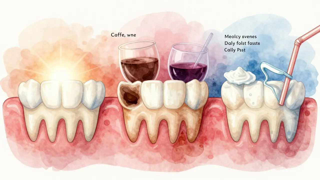 Ilustrace vývoje barvy zubů: čisté, zbarvené a udržované zuby v jedné scéně.