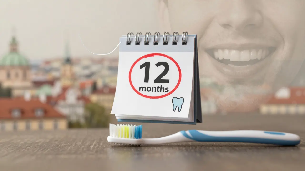 Kalendář s označením roční návštěvy hygienisty a zubním kartáčkem.