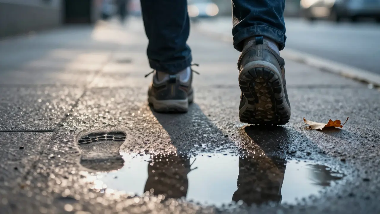 Košile obuvi na chodníku s odrazem keramických rovnátek v kaluži.