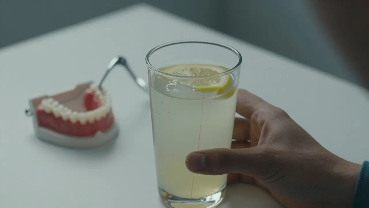 Kyselý nápoj ovlivňuje zub, zatímco na pozadí vidíme noční štětinu a stahující se dásně.