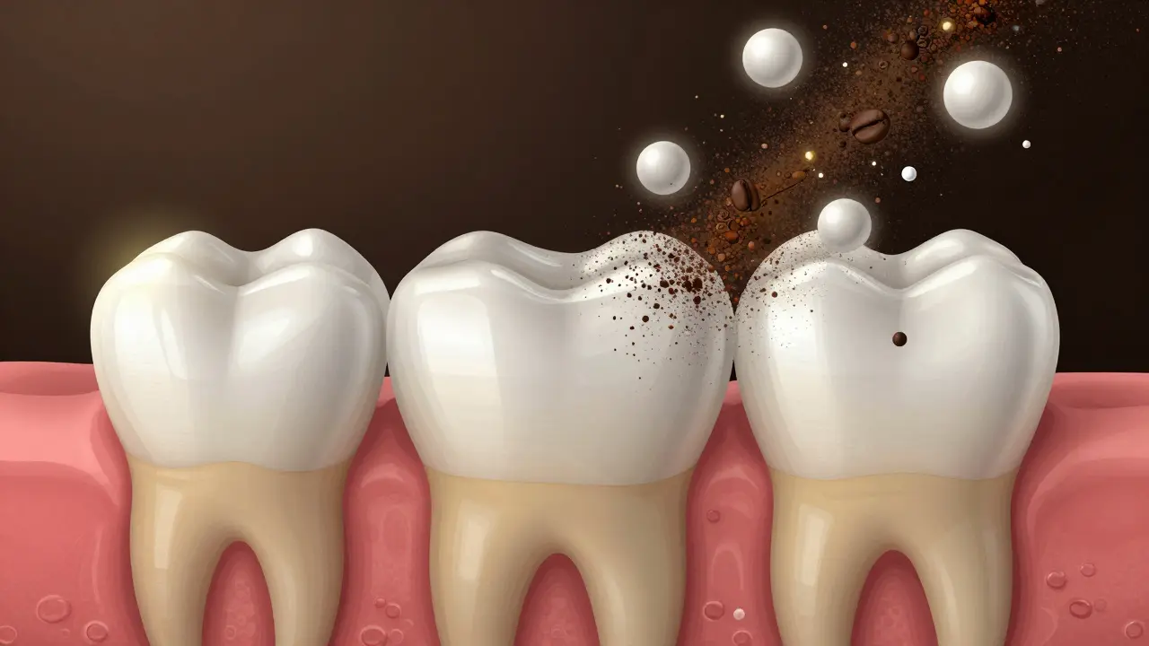 Mikroskopický pohled na zubní emal a dentin s pigmenty a molekulami peroxidu.