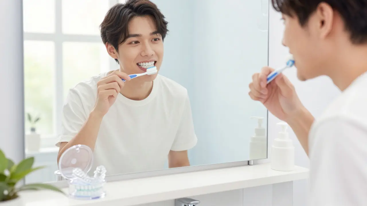 Mladý muž čistí zuby s odstraněnými průhlednými rovnátky